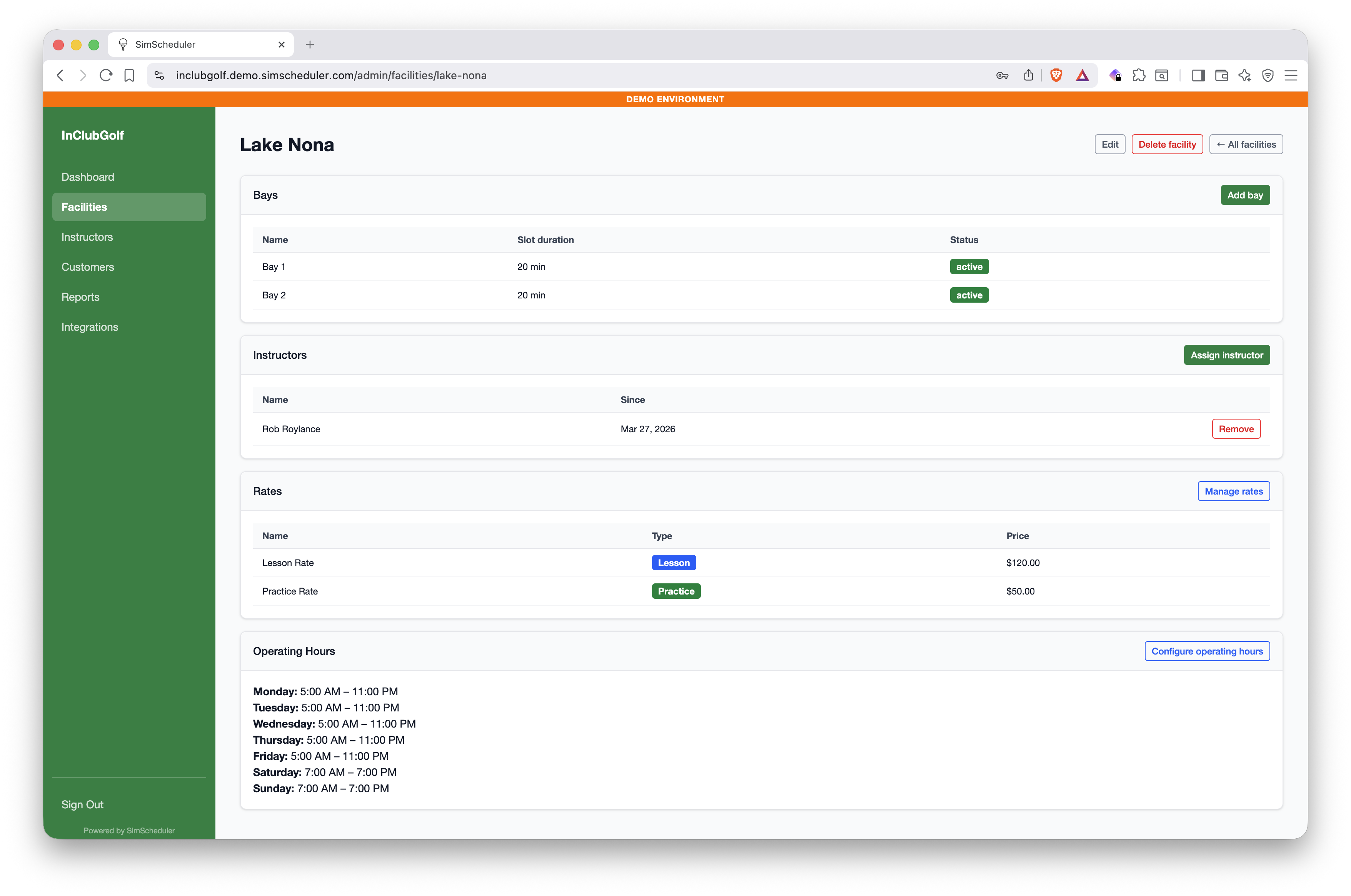 Multi-facility management with bays, instructors, and rates
